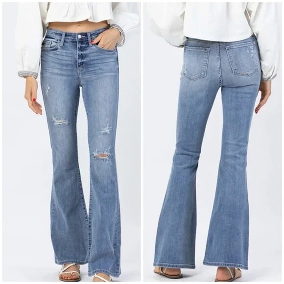 Judy Blue Women’s Sz 16W High Rise Distressed Flare Jeans Stretch Light Wash - Picture 1 of 8